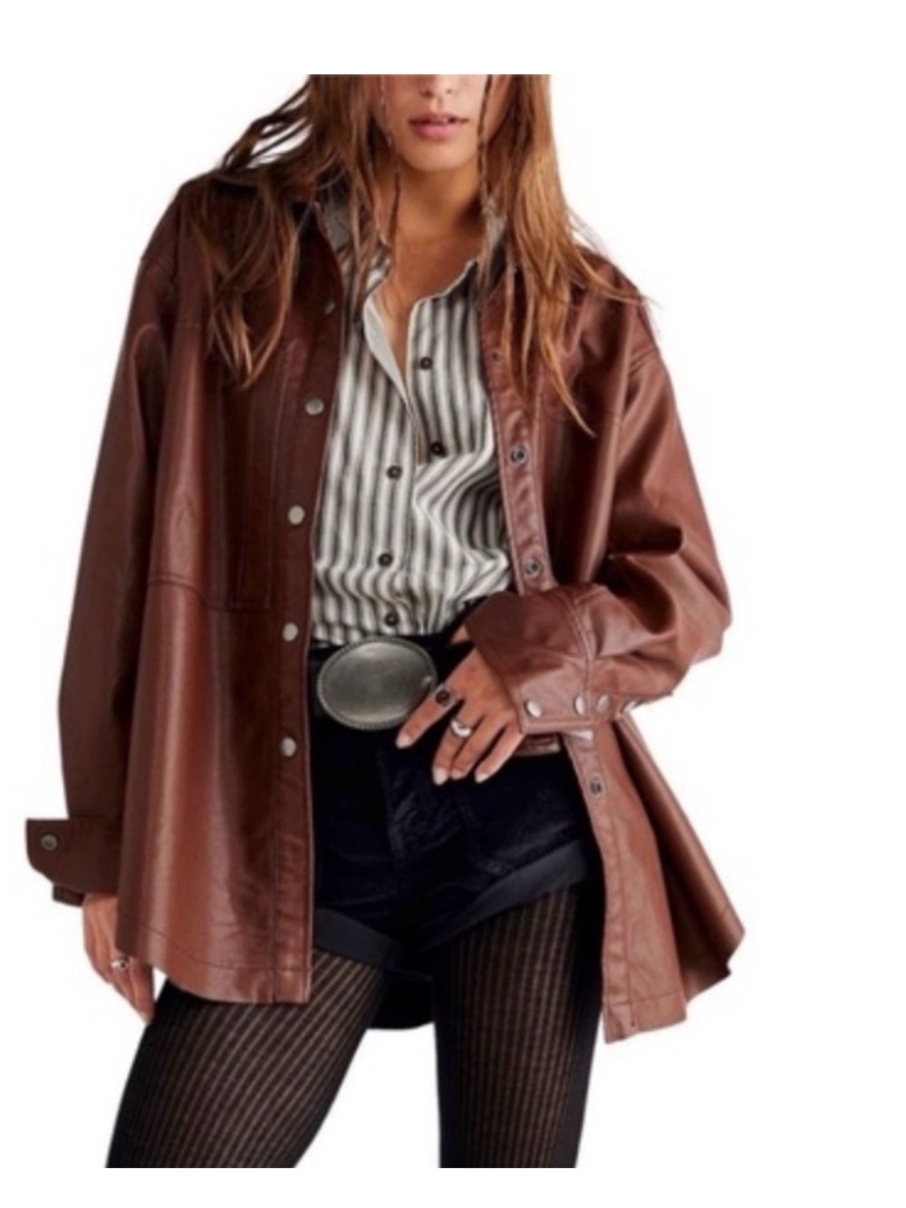 We The Free Brown Leather Snap-Front Jacket